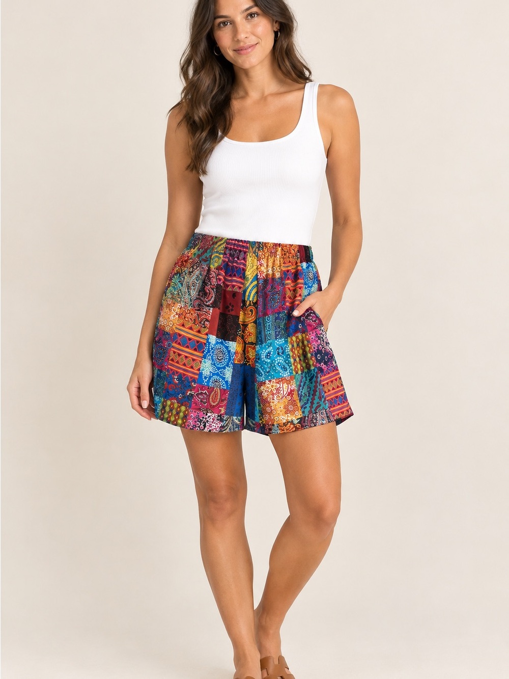 Patchwork Print Elastic-Waist Women's Shorts - Multicolor